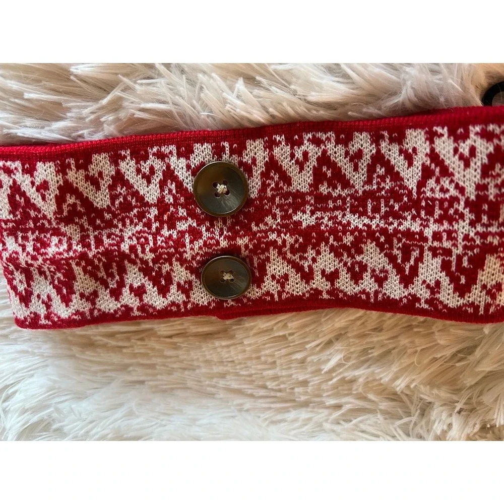 Simply Noelle Headband OS Christmas Red White Knit Fair Isle Button Ear Warmer